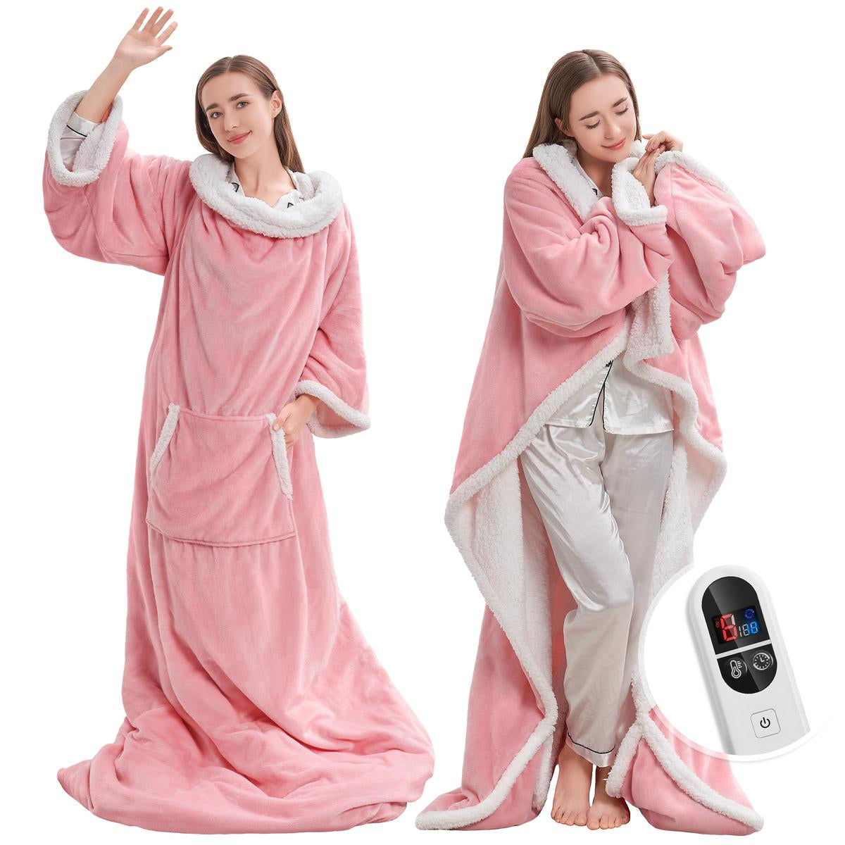 Wearable Heated Blanket with Sleeves & Foot Pockets — 6 Heat Settings, 1-12 Hour Auto-Off, 52″×72″