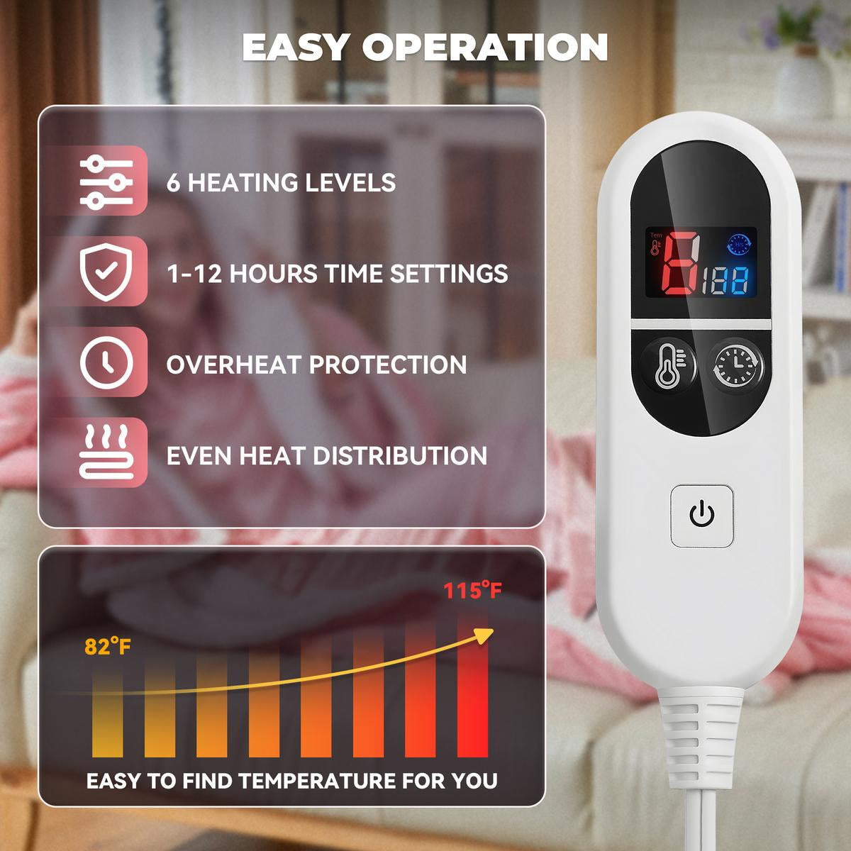 Wearable Heated Blanket with Sleeves & Foot Pockets — 6 Heat Settings, 1-12 Hour Auto-Off, 52″×72″