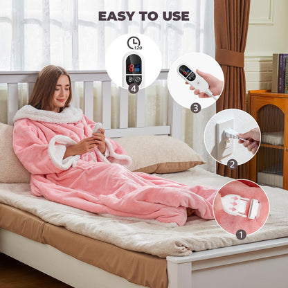 Wearable Heated Blanket with Sleeves & Foot Pockets — 6 Heat Settings, 1-12 Hour Auto-Off, 52″×72″