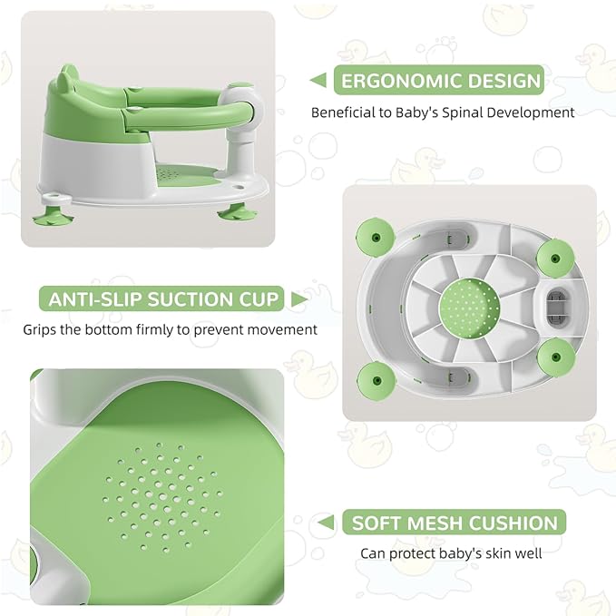 Baby Bath Seat for Babies 6 Months & up, Non-Slip Toddler Bath Seats for Babies Sitting Up, Safe Infant & Newborn Bathtub Chair with 4 Suction Cups & Soft Cushion for Shower,Green