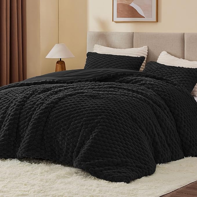 BEDELITE Fluffy Queen Comforter Set - Grey Fleece Soft Comforter for Queen Size Bed, Luxury Warm Bedding Set for Winter, Fuzzy Bed Set 3 Pieces (1 Comforter, 2 Pillowcases)
