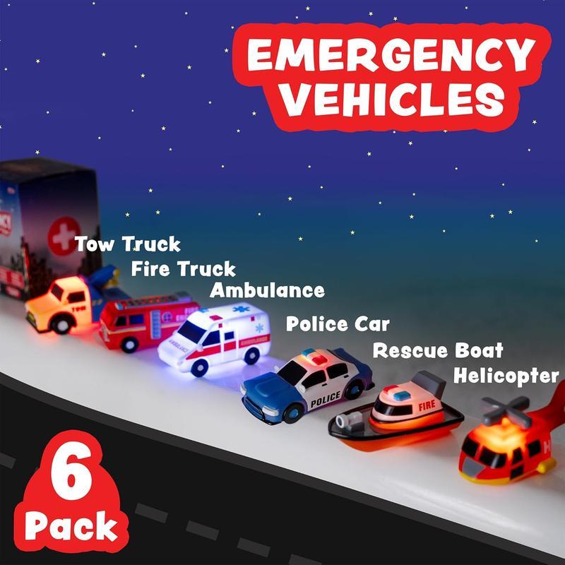Emergency vehicle-shaped light-up bath toys (6-piece set). They flash when wet, come in various colors, are soft and squeezeable, and offer a rich sensory experience, allowing children to fully enjoy bath time.