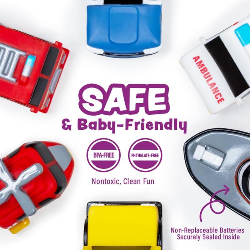 Emergency vehicle-shaped light-up bath toys (6-piece set). They flash when wet, come in various colors, are soft and squeezeable, and offer a rich sensory experience, allowing children to fully enjoy bath time.