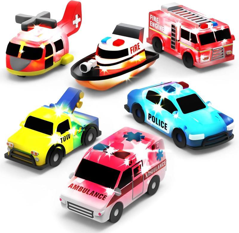 Emergency vehicle-shaped light-up bath toys (6-piece set). They flash when wet, come in various colors, are soft and squeezeable, and offer a rich sensory experience, allowing children to fully enjoy bath time.
