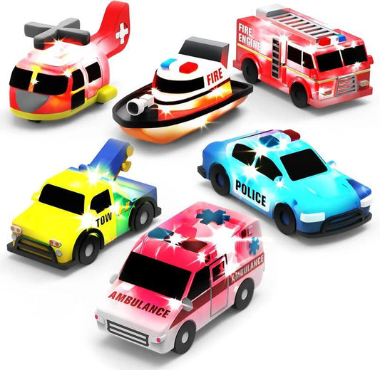Emergency vehicle-shaped light-up bath toys (6-piece set). They flash when wet, come in various colors, are soft and squeezeable, and offer a rich sensory experience, allowing children to fully enjoy bath time.