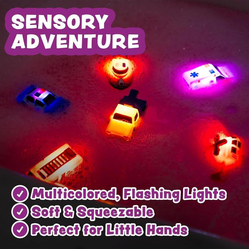 Emergency vehicle-shaped light-up bath toys (6-piece set). They flash when wet, come in various colors, are soft and squeezeable, and offer a rich sensory experience, allowing children to fully enjoy bath time.