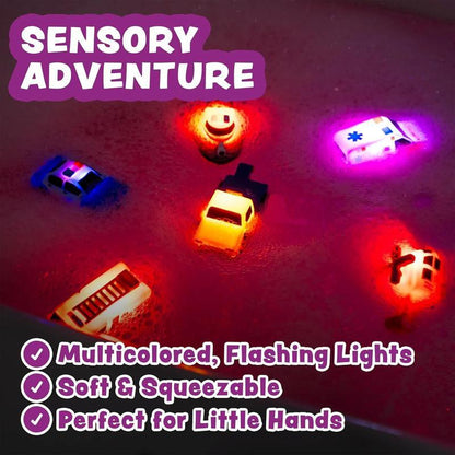 Emergency vehicle-shaped light-up bath toys (6-piece set). They flash when wet, come in various colors, are soft and squeezeable, and offer a rich sensory experience, allowing children to fully enjoy bath time.