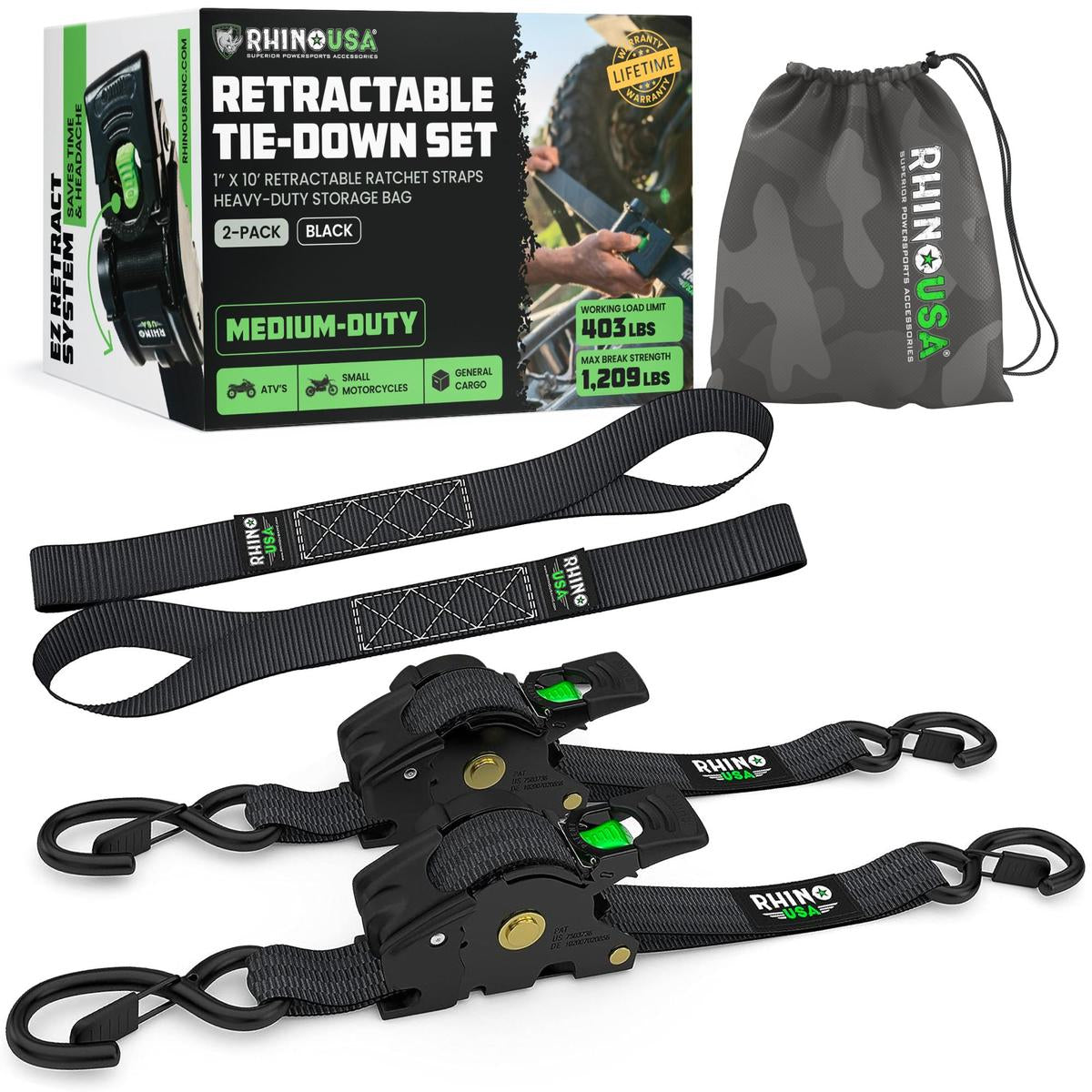 USA 1" x 10' Retractable Ratchet Straps (select 2 pack or 4 pack) - Heavy Duty Self Retracting Tie Down Straps for Truck, Cargo Trailer