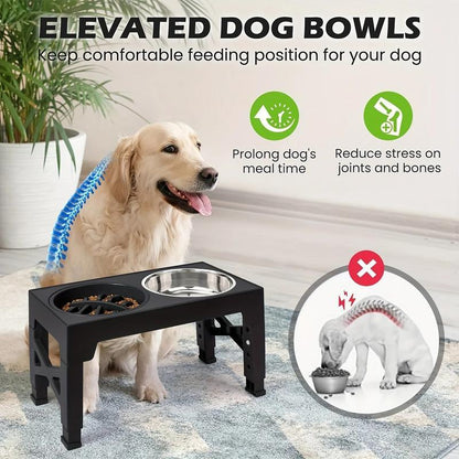 Elevated Dog Bowls, 5 Adjustable Heights Raised Dog Bowl Stand, With 2 Stainless Steel Dog Food Bowls And 1 Slow Feeder Dog Bowl, Adjusts To Height 3.2" To 12.2" For Small Medium Large Dogs Feeding
