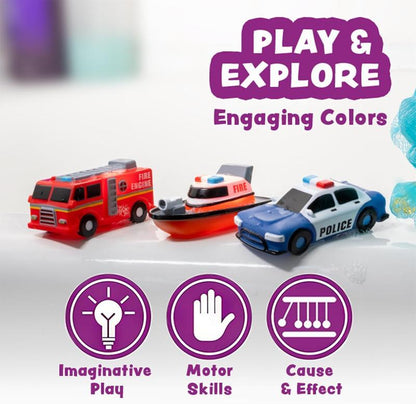 Emergency vehicle-shaped light-up bath toys (6-piece set). They flash when wet, come in various colors, are soft and squeezeable, and offer a rich sensory experience, allowing children to fully enjoy bath time.