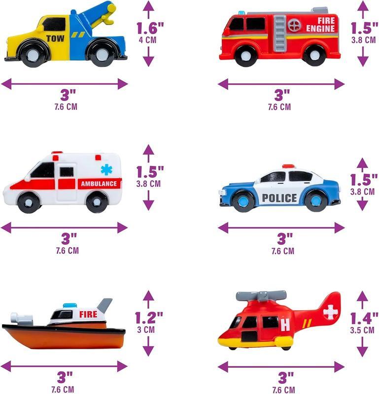 Emergency vehicle-shaped light-up bath toys (6-piece set). They flash when wet, come in various colors, are soft and squeezeable, and offer a rich sensory experience, allowing children to fully enjoy bath time.