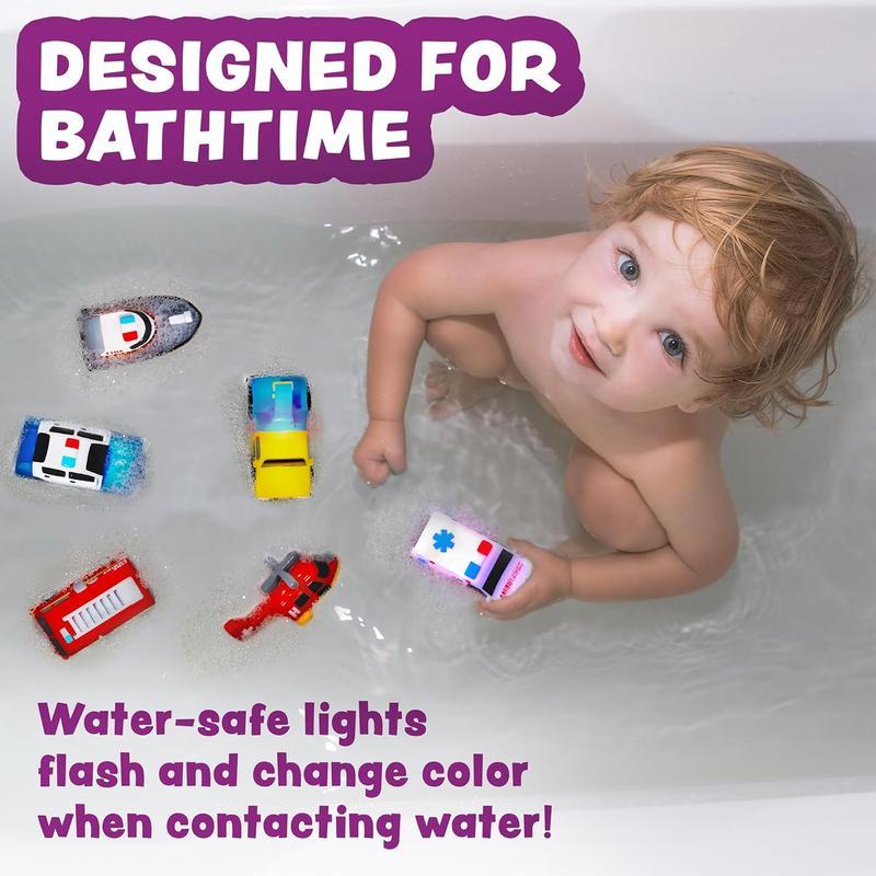 Emergency vehicle-shaped light-up bath toys (6-piece set). They flash when wet, come in various colors, are soft and squeezeable, and offer a rich sensory experience, allowing children to fully enjoy bath time.