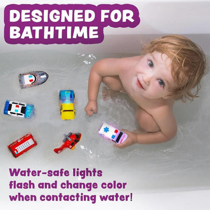 Emergency vehicle-shaped light-up bath toys (6-piece set). They flash when wet, come in various colors, are soft and squeezeable, and offer a rich sensory experience, allowing children to fully enjoy bath time.
